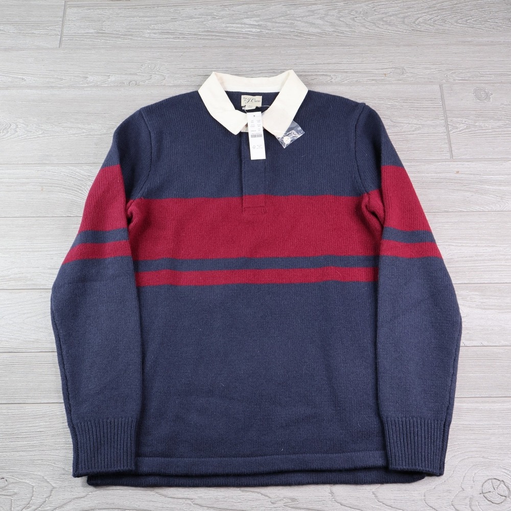 NWT J.Crew Lambswool Rugby Polo Sweater Men's XS Navy Burgundy Stripe